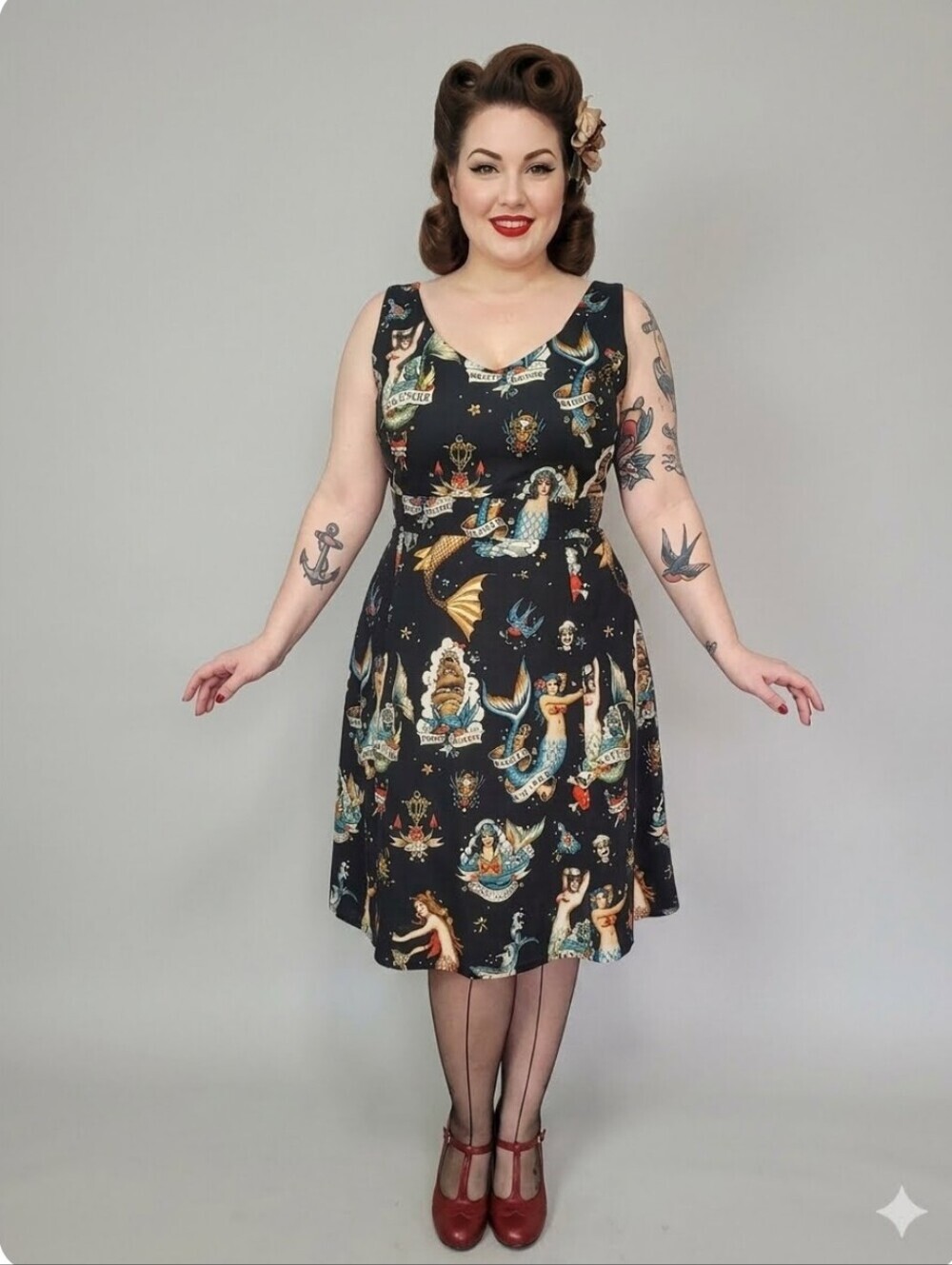 Cherry Velvet Angelina Dress In Sink Or Swim Print, VGUC, Size 1X